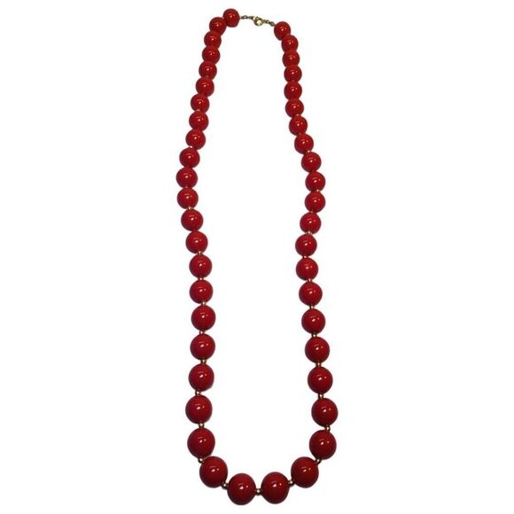 Vintage Bright Red Ball Beaded Gold Tone Layering Statement Necklace 24.5" - Picture 3 of 3
